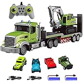 Fistone RC Semi Truck & Excavator Toy Set, 1:12 Remote Control Semi-Trailer with Sound and Lights, 2.4Ghz Flatbed with Excava