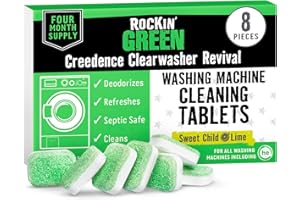 Rockin' Green Washing Machine Cleaning Tablets (8 Pieces) - Deodorazing Washer Machine Cleaner Tablets for a 4 Month Supply - Easy to Use Washer Cleaner to Remove Residue for All