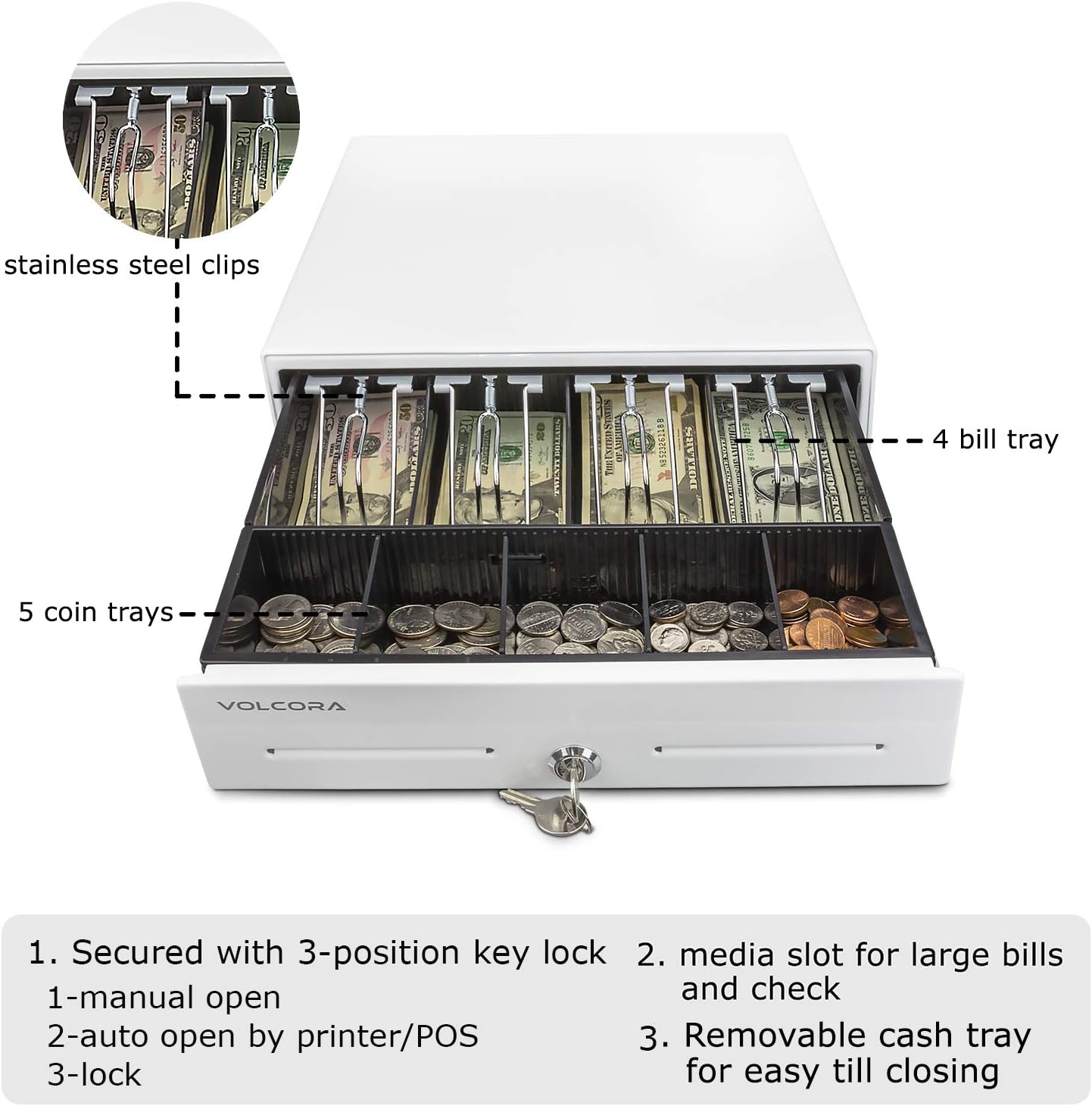 Mini Cash Register Drawer 13” for Point of Sale (POS) System with Fully Removable 2 Tier Cash Tray, 4 Bill/5 Coin, 24V, RJ11/RJ12 Key-Lock, Double Media Slot, Small Square Money Drawer, White : Electronics