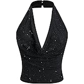 SOLY HUX Women's Halter Top Sparkly Sexy Backless Party Crop Tops Club Rave Festival Outfits Black