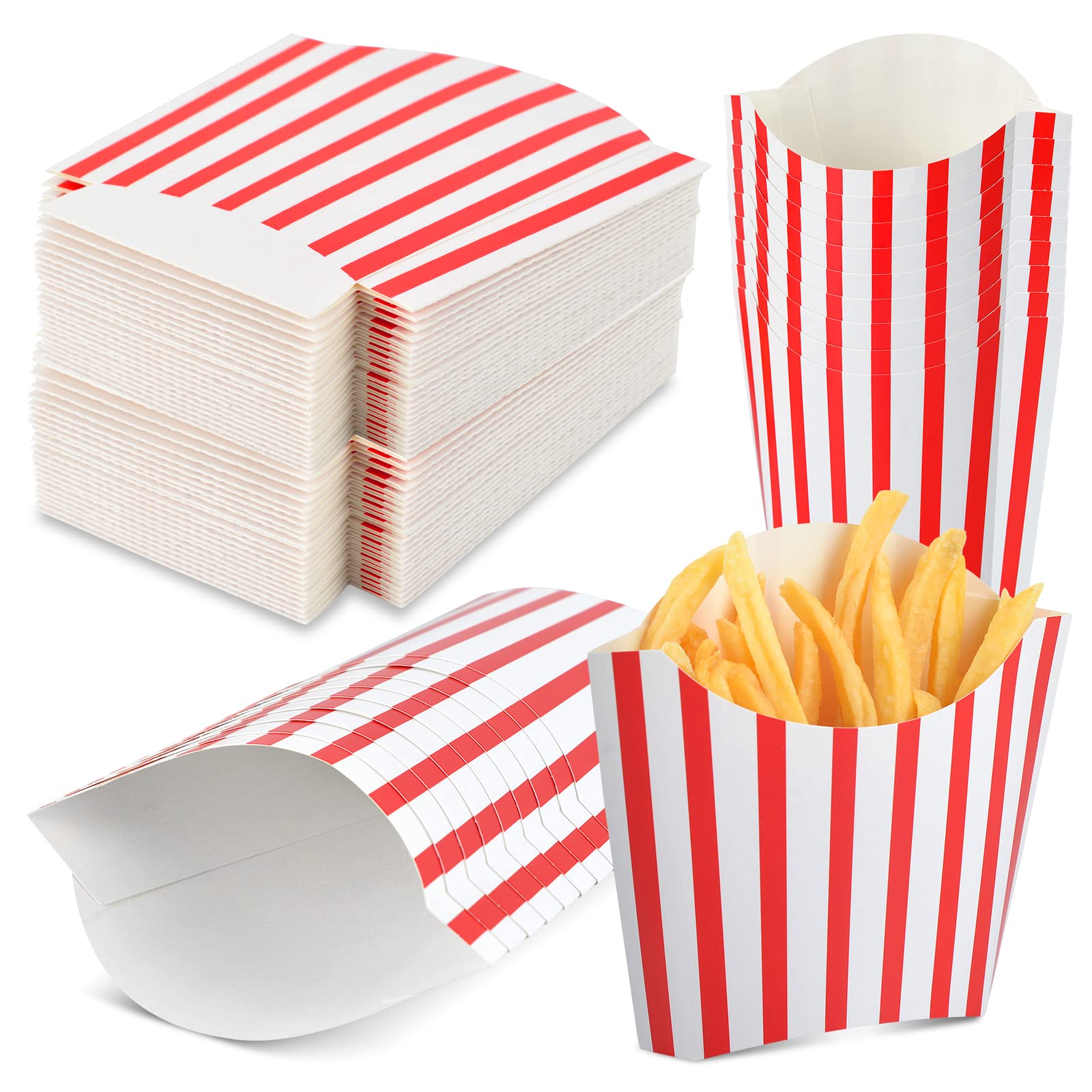 Photo 1 of 100 Pack 4oz French Fry Box Small French Fry Containers Black and White Stripes French Fry Holder Disposable Popcorn Cups Paper Takeout Boxes for Black and White Party (Red, 100 pack)