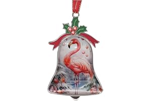 Gixpop Christmas Ornament Bell Pendant Decorative Metal Glass Hanging Christmas Bell Ornaments for Home Decoration Party Decor (Flamingo on Christmas)
