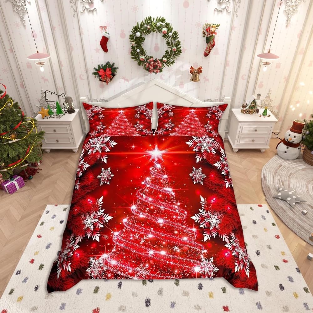 Loussiesd Girls Christmas Tree Duvet Cover Red Xmas Theme Bedding Set Chic Winter Snowflake Comforter Cover for Girls Daughter Bedroom Decor Girly Glitter Bedspread King 3Pcs — image 1