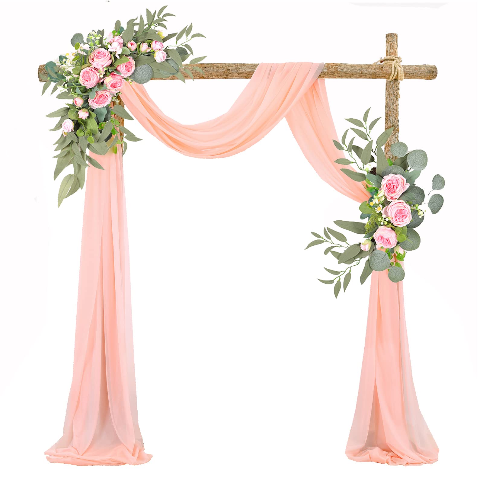 EESLL Artificial Wedding Arch Flowers Kit (Pack of 3),2pcs White Rose Flower Swag with 1pc White Sheer Draping Fabric Floral Swags for Decoration