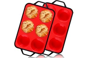 Vinino Jumbo Muffin Pan with Metal Reinforced Frame-2Pack, Silicone Cupcake Pan for Baking 6 Cup Jumbo Size, BPA Free Silicone Muffin Tray, Cupcake Baking Pan Molds for Oven Dishwasher Safe-Red