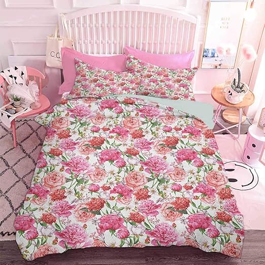 Hiiiman 3pcs Premium Comforter Set Pink Peonies and Roses Green Leaves