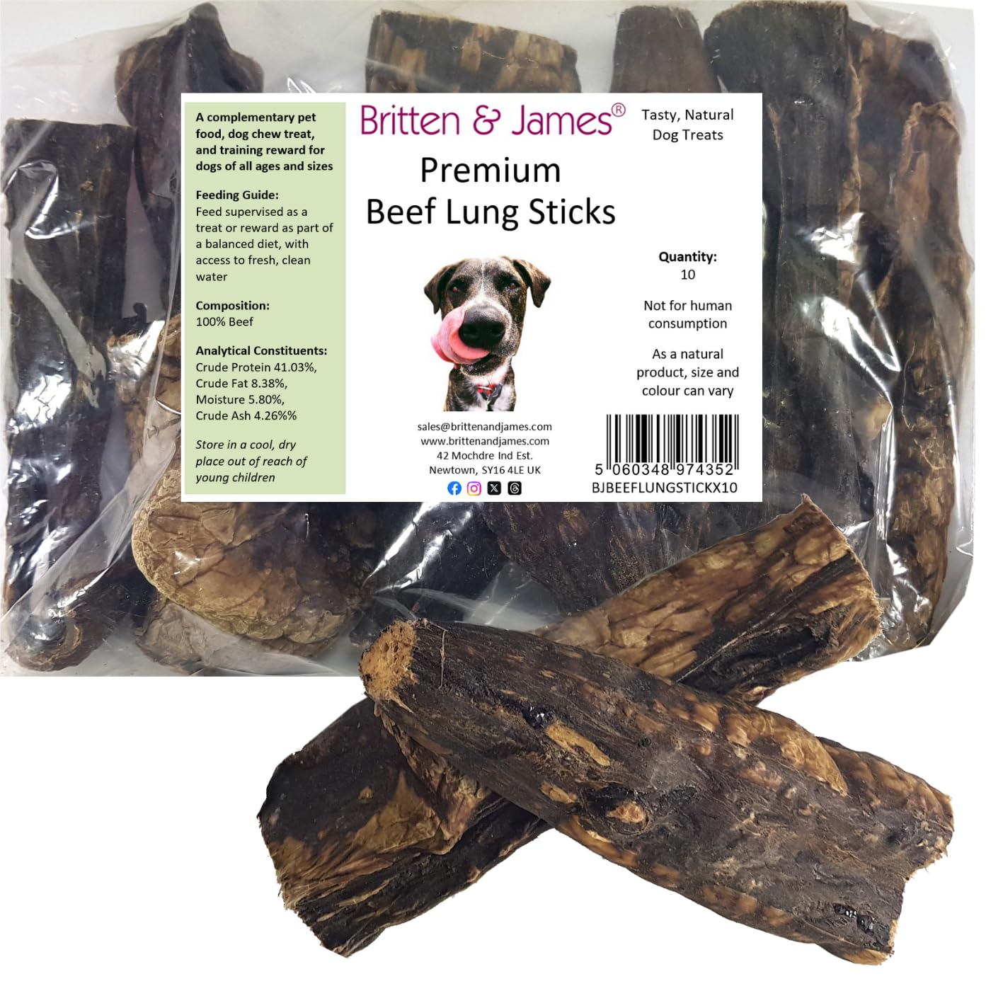 10 Premium Beef Lung Sticks for Dogs by Britten and James. 100% Natural Dog Chew Treat - High in Protein, Grain Free, Hypoallergenic