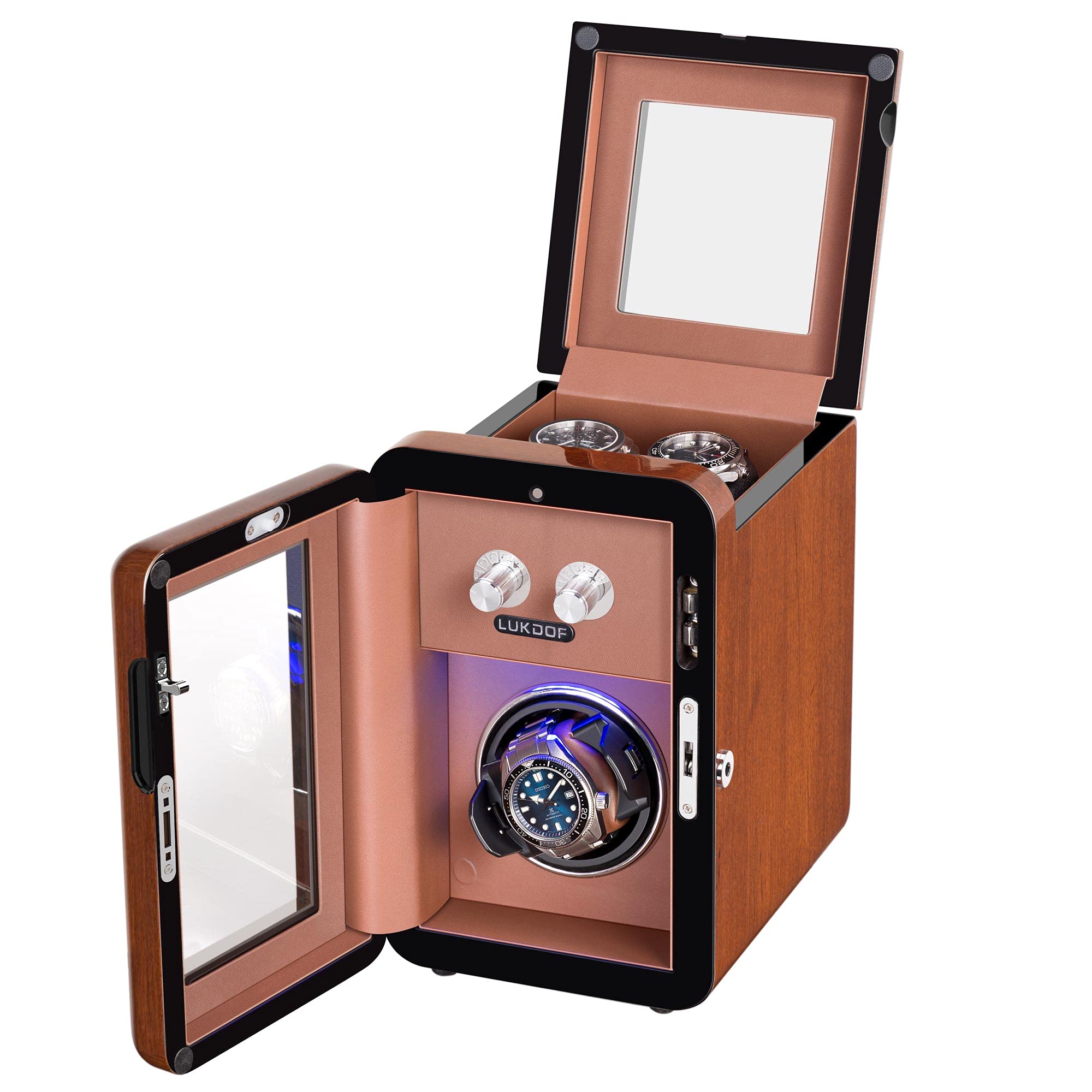 Automatic Watch Winder with Quiet Running Motor Watch Winding Display+ 2 Storage Box, Built-in Illumination, Walnut Watch Winder for Rolex with 3 Adjustable Upgraded Watch Pillows, AC Adapter