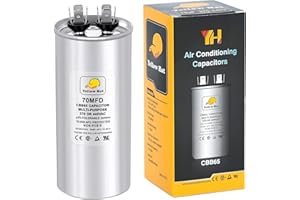 HVAC YELLOW HAT Capacitor for Air Conditioner 70 uf MFD 370 or 440 Volt VAC, Multi-Purpose Round Capacitor for AC Motor Run or Fan Motor Start or Condenser Straight