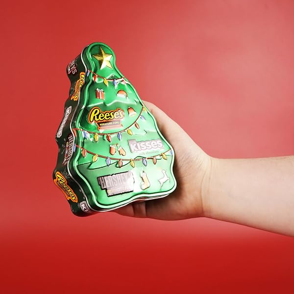 GALERIE CHRISTMAS STOCKING STUFFER CANDY GIFT, TREE TIN FILLED WITH ASSORTED CHOCOLATES, REESE’S, KISSES, AND MINIATURES, 1.86 OUNCES