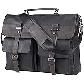 seyfocnia Men's Vintage Black 17.3 Inch Water Resistant PU Leather Laptop Bag, Messenger Bag, Satchel, Briefcase