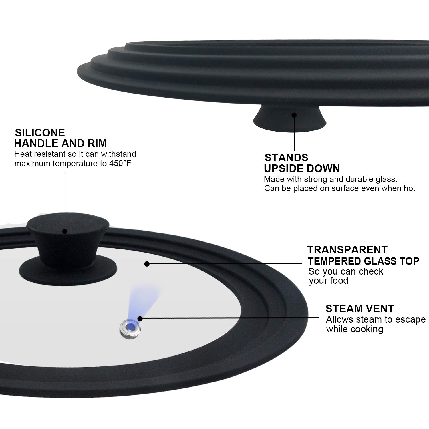 Universal Lid for Pots, Pans and Skillets - Tempered Glass with Heat Resistant Silicone Rim, Fits 10