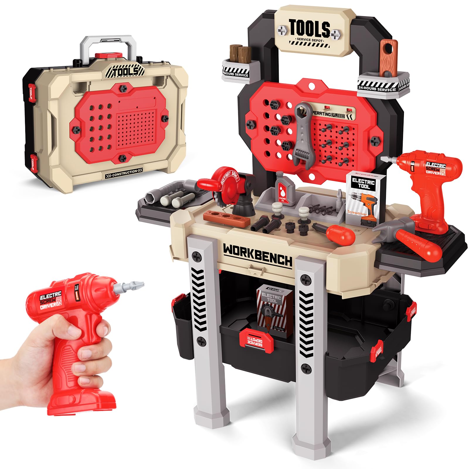 Photo 1 of Kids Tool Bench, Toddler Workbench with Electric Drill and 78 Realistic Toy Tools, Toy Tool Bench Workshop, Pretend Play Kids Tool Set for Boys,Red, Large Size