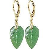 Natural Stone Drop Earrings,Yellow Gold Plated Real Crystal Quartz Jade Leaf Waterdrop Square Gemstone Dangle Earrings for Women Her