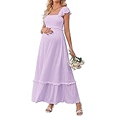 OUGES Womens 2026 Summer Maternity Photoshoot Dress Boho Maxi Smocked Baby Shower Dress Ruffle Sleeve Maternity Clothes