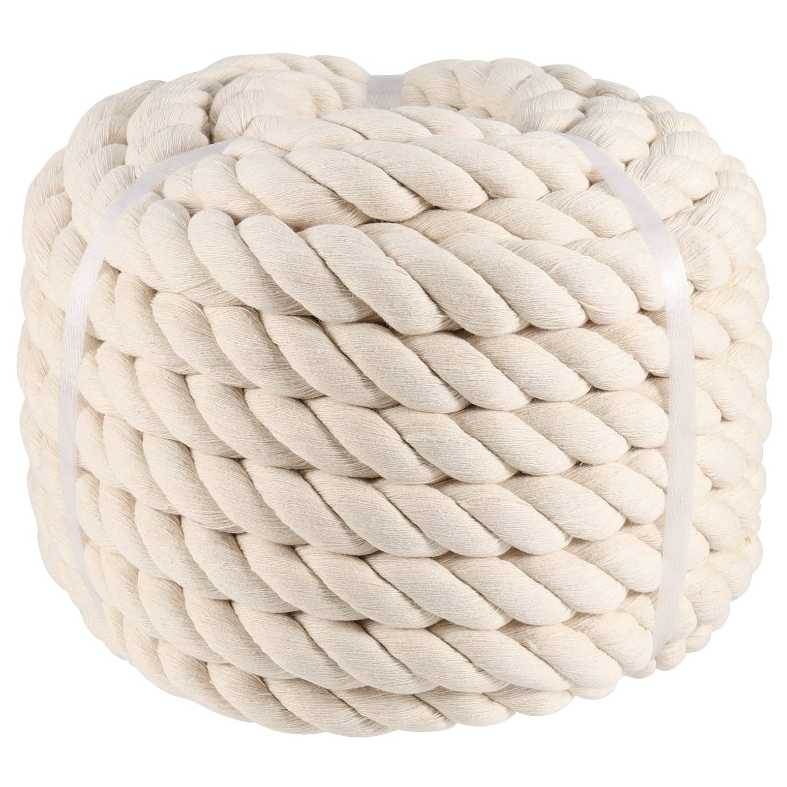 SINJEUN 25mm Cotton Rope 15 Metres White Rope Macrame Rope 3 Strand Natural Twisted Cotton Rope Soft Rope DIY Crafting Decoration Decking Rope for Garden Macrame Plant Hanger Kit Beige