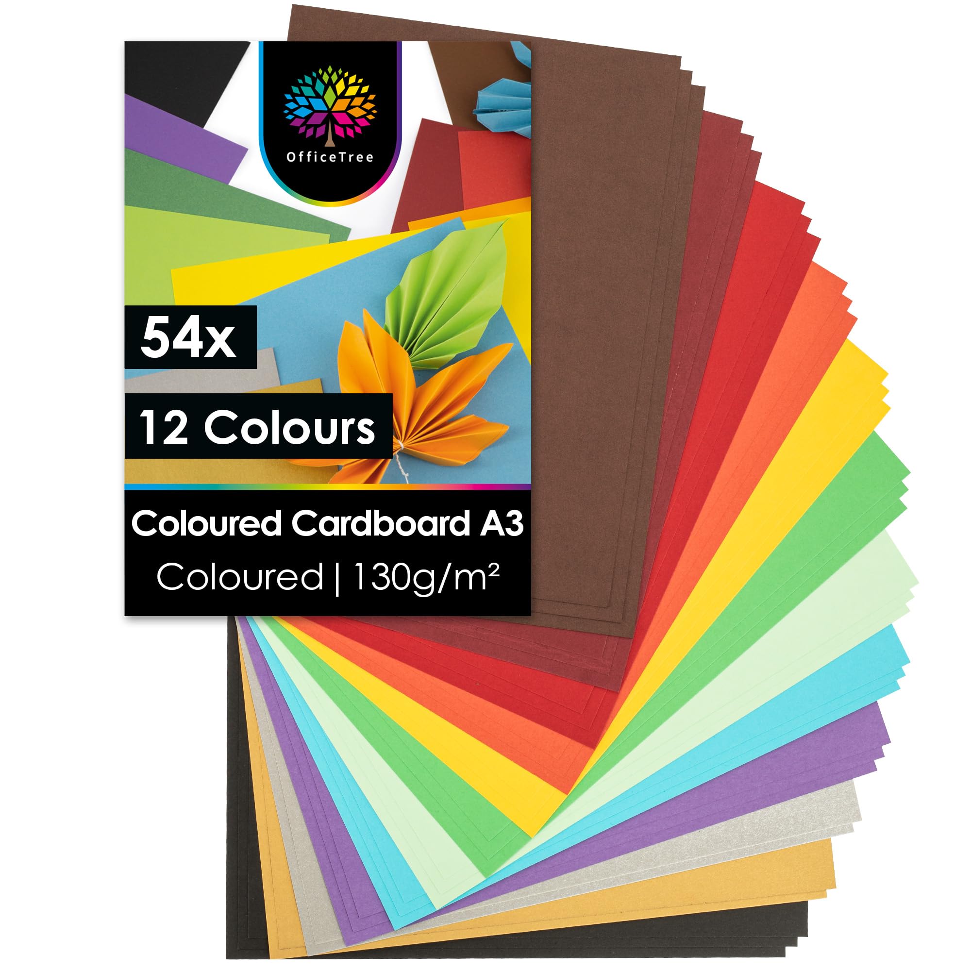 OfficeTree 54x Coloured Card A3 – 12 Colours - 130 g/m² - A3 Coloured Paper Assorted with Gold and Silver Sheets - Sugar Paper - Cardstock for Kids - Craft Card