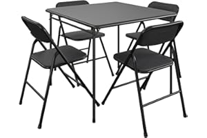 CoscoProducts Premium 5-Piece Table & Chair Dining Set, with 34" Vinyl Top Card Table and 4 Fabric Padded Seat & Back Folding Chairs, Black