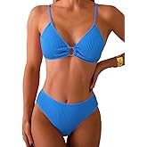 Fanuerg Women's Ribbed Triangle Bikini Sets O Ring Linked Two Piece Swimsuit Textured Cheeky Swim Bathing Suit