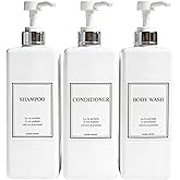 Shampoo and Conditioner Dispenser - Modern Design Large 27oz Shower Soap Dispenser Set of 3, Refillable Empty Plastic Pump Bottles for Bathroom, 6 Waterproof Labels Included, White & Silver