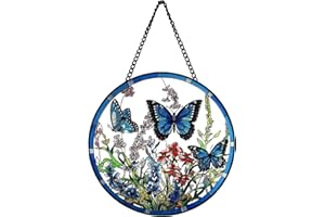 Naturezhen Stained Glass Window Hanging - 7.87 Inch Sun Catcher Panel with Metal Chain, Wall & Window Decor Gift for Birthday