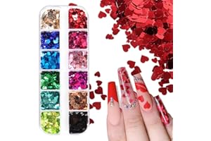 FURIMUK Heart Glitter Sequins for Valentine's Day Nail Art,12 Colors 3D Holographic Sparkles Heart Shape Flakes Sticker Confetti Glitter Nail Decals for Nail Decoration Eye Face Body DIY Crafts