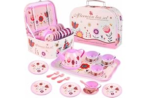 Lajeje Pretend Play Tea Set for Little Girls, Gift for Age 3-8, Flower Themed, 19 PCS