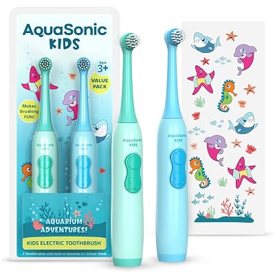 Aquasonic Kids Electric Toothbrush Set for Ages 3+ | Soft Bristles, Oscillating Brush Head, Built-in Battery | Aquarium Adventures