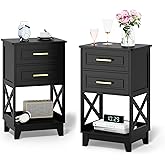 May in Color Black Nightstand Set of 2, Tall Side Table with 2 Drawers and Open Shelf, Bedside Table with Solid Feet, Modern End Table for Bedroom, Home Office, Black