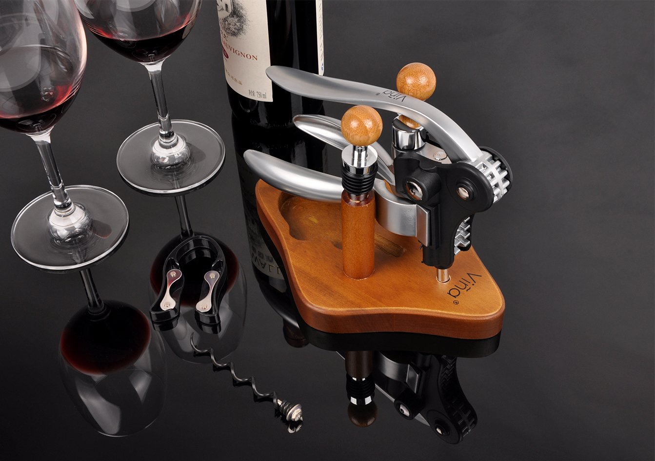 Rabbit Wine Bottle Opener Set with Bamboo Stand, 5 Piece Lever Corkscrew Remover, 2 Wine Stoppers, Foil Cutter, Extra Teflon Spiral, Best Gift for Wine Lover by Vina