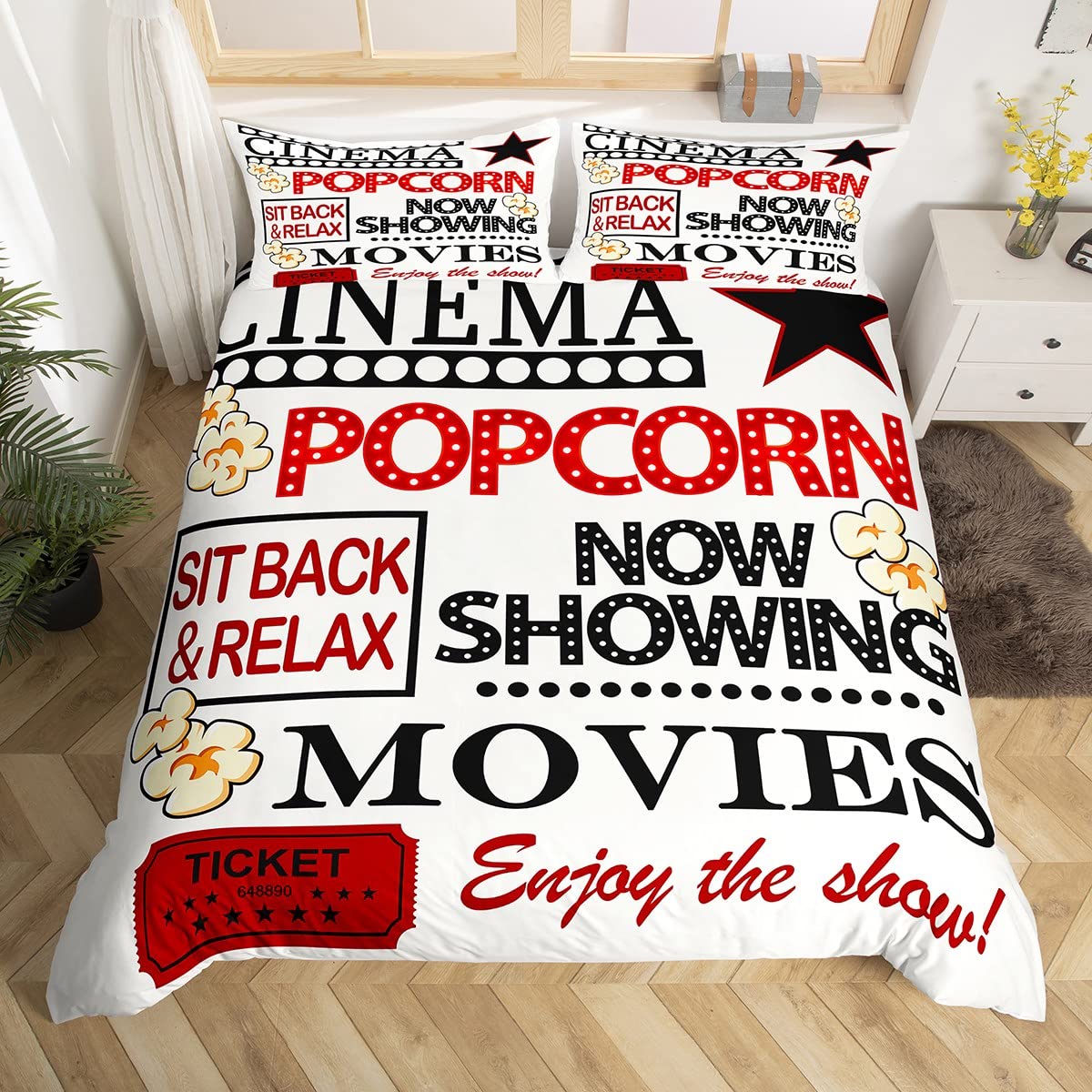 richhome Modern Cinema Duvet Cover 3 pieces Movie Theater Theme Comforter Cover for Kids Boys Girls Hippie Graffiti Ultra Soft Bedspread Bedroom Decor Quilt Cover Double Size