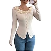 MakeMeChic Women's Long Sleeve Fall Cute Tops 3D Floral Pearl Scoop Neck Elegant Boho Tops