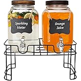 Waymind 1 Gallon Glass Drink Dispensers with Wood Lid, 2 Pack Clear Beverage Dispenser with Stand and Spigot for Parties, Lemonade Dispenser with Markers and Chalkboard for BBQ, Picnic