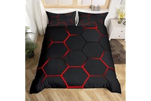 FEELYOU Honeycomb Duvet Cover Honeycomb Modern Hexagon Theme Bedding Set for Kids Boys Children Geometrical Comforter Cover Set Ultra Soft Beehive Black Red Decor Bedspread Cover Twin Size Zipper
