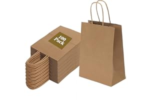 Joybe 100 Pack 6x3.25x8 Inch Small Brown Paper Bags with Handles Bulk, Kraft Paper Gift Bags for Birthday Party Favors Grocery Retail Shopping Business Goody Craft Sacks (Blank Plain Natural, 100pcs)