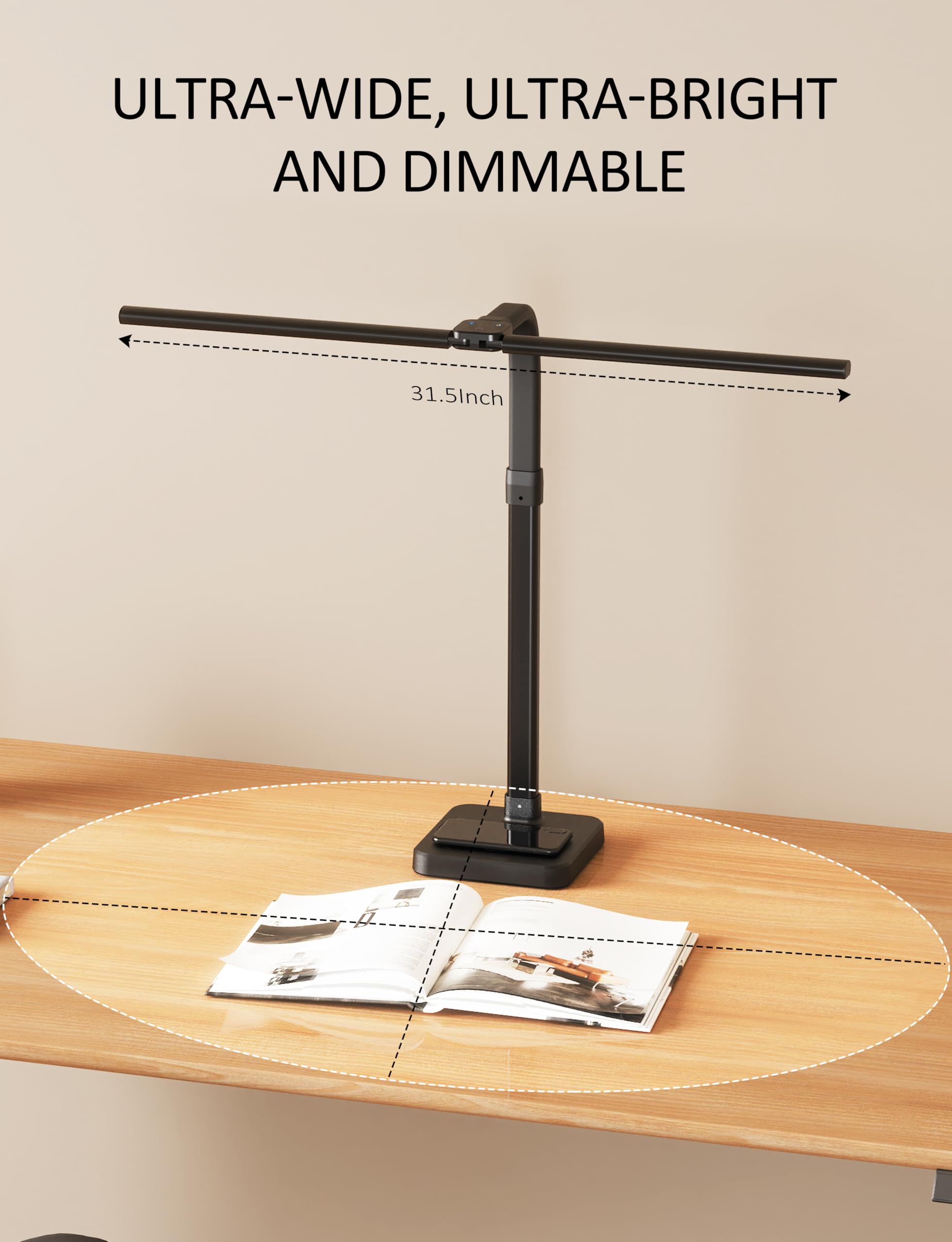 LED Desk Lamp for Home Office, Double Head 24W with Base, Architect Light 5 Lighting Brightness Flexible Gooseneck Table Reading Study, Black