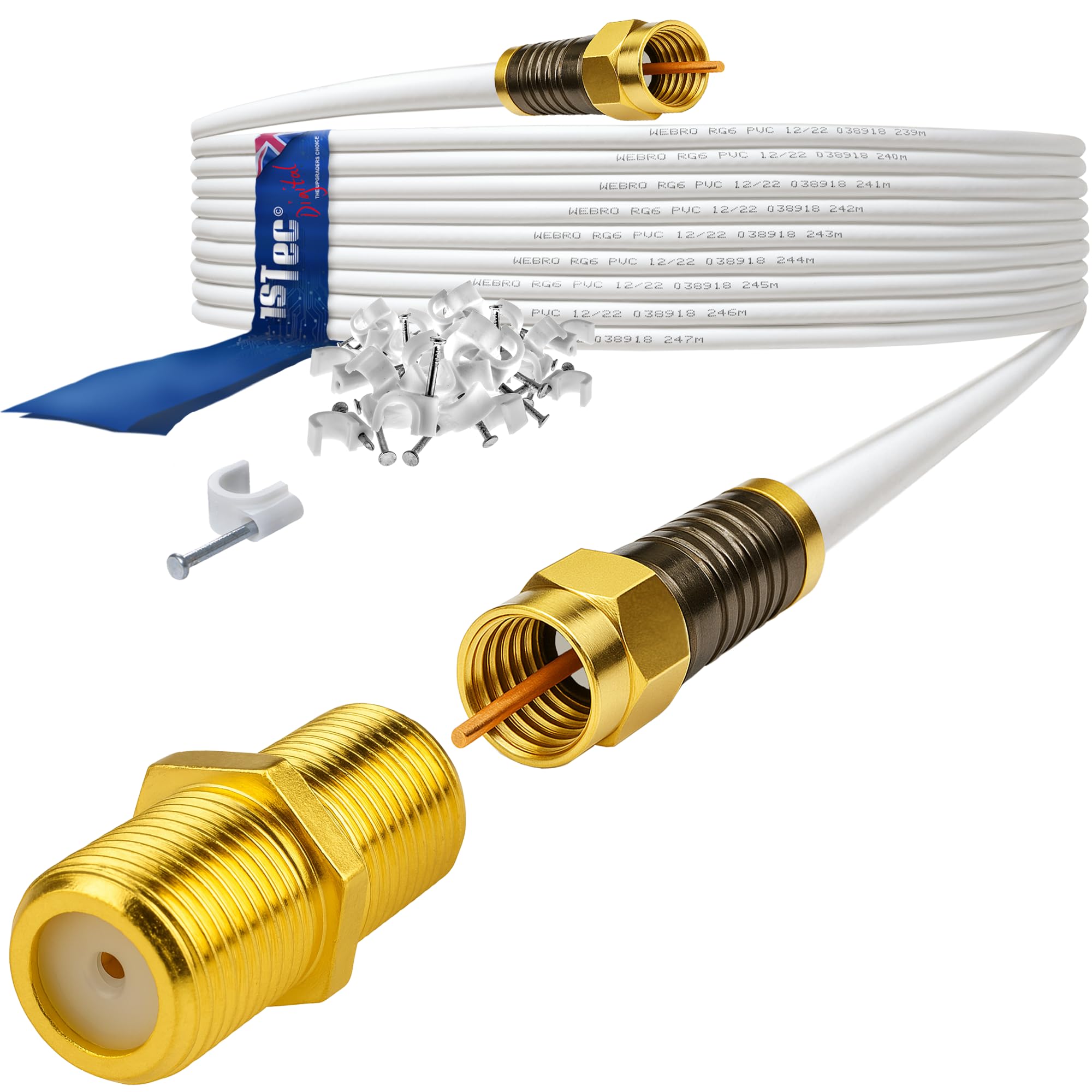 1STec 7m Gold Plated Premium Virgin Media Extension Cable with Webro Cable included Clips + Female Joining Coupler for V6 TIVO Set Top Box or VIVID Fibre Super Hub Broadband Modems (7 Metre, White)