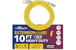 10ft Power Outdoor Extension Cord & Indoor - Waterproof Electric Drop Cord Cable - 3 Prong SJTW, 10 Gauge, 15 AMP, 125 Volts, 1875 Watts, 10/3 by LifeSupplyUSA - Yellow (1 Pack)
