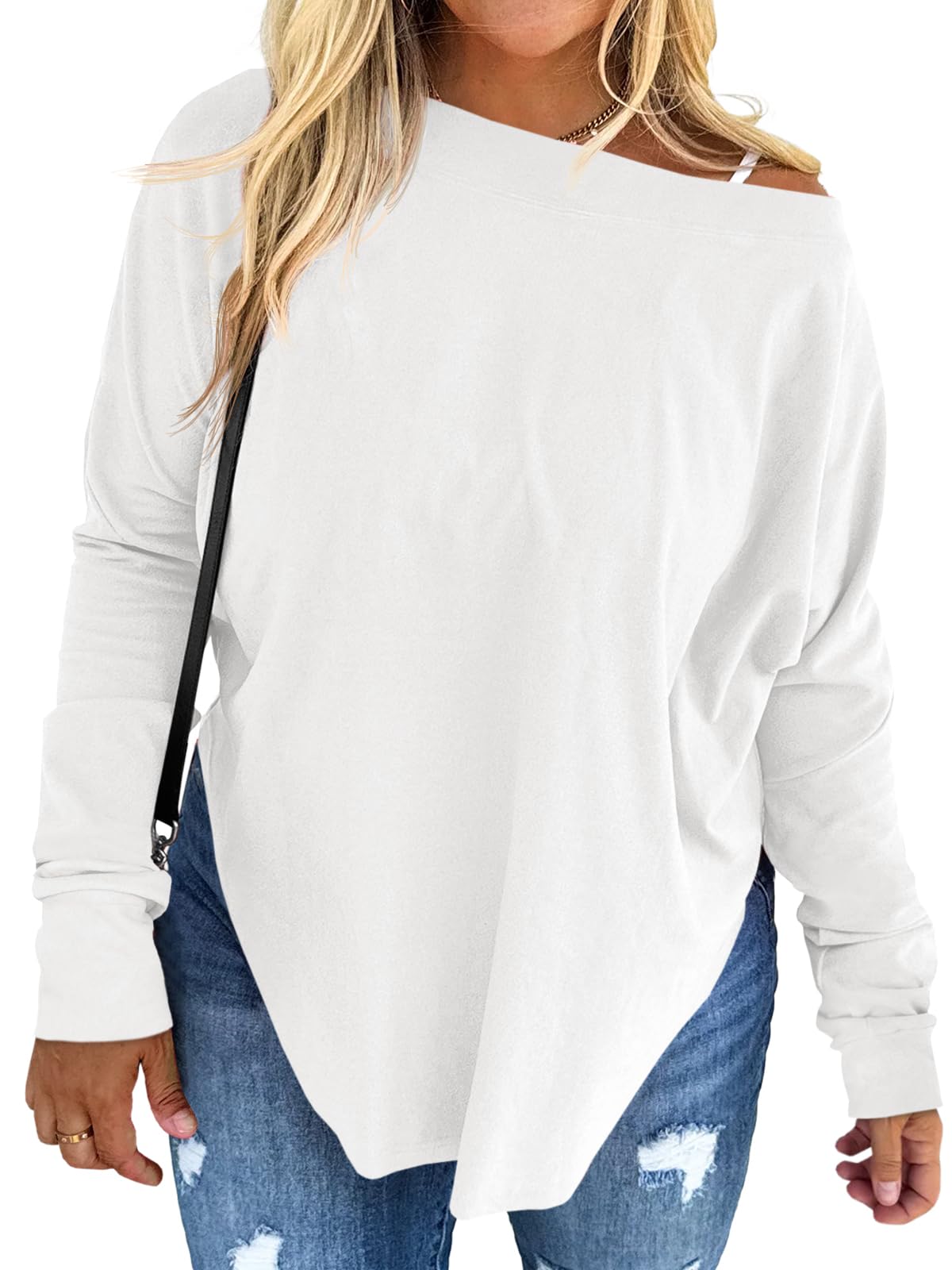 Photo 1 of Beautife Women's Plus Size Tops Off Shoulder Long Sleeve Loose T Shirts Casual Curved Hem Tunics Tee Shirt White