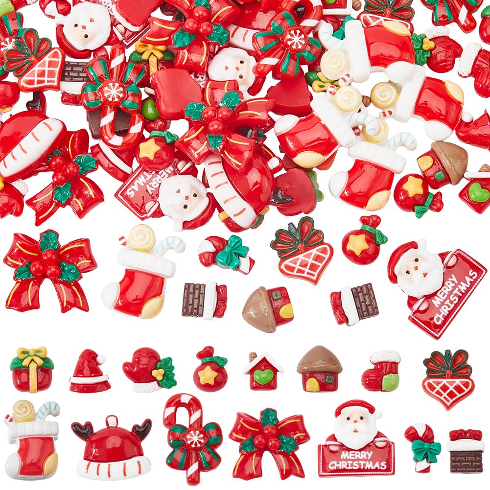 SUNNYCLUE 90Pcs 15 Styles Christmas Resin Cabochon Flat Back Charms Bulk Opaque Cute Cabochons Colorful Flatback Santa Claus Gloves Charm for Christmas Jewellery Making Hair Clip Phone Case DIY Crafts