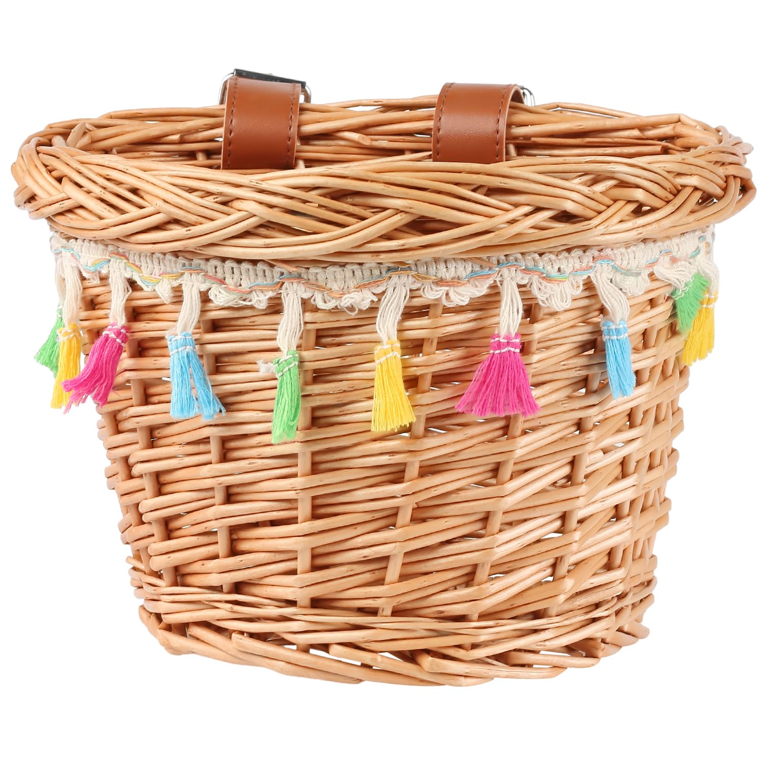 AVASTA Wicker Kids Bike Basket for Girls & Boys Bicycles, Scooter, Tricycle, Comes with Leather Straps & Colourful Tassel Decoration, Size XS, Honey Yellow — image 1