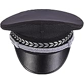 Sosoport Breathable Officer Hat, Black Yacht Sailor Cap with Silver Rope & Wide Brim Security & Police Officer Hat for Cosplay Halloween Costume - Unisex Adult