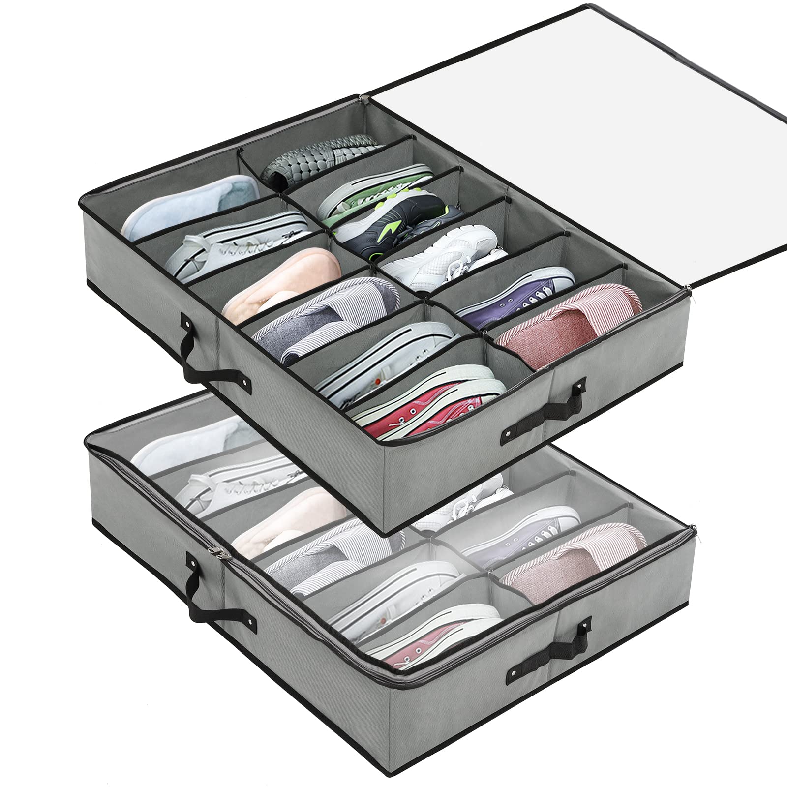 Under Bed Storage Organizer 2 PCS, Fits 24 Pairs of Sturdy Bed Bottom Shoe Box Bedding Organizer with Clear Cover Storage Bag, Sturdy Zipper, Breathable Fabric - Foldable with 2 Handles, (Grey)