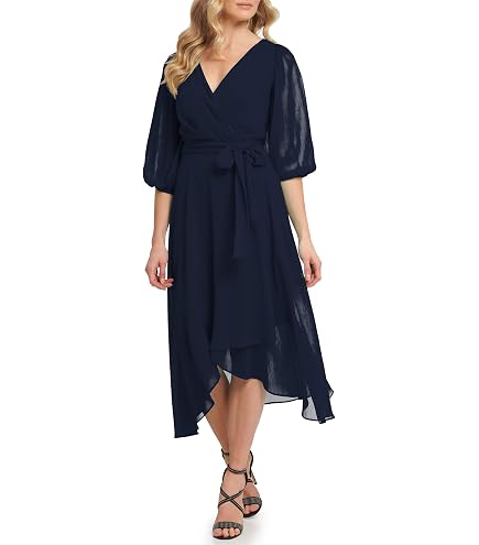 DKNY Women's Chiffon Long Balloon Sleeve Collared Faux Wrap Dress, Navy, 4 at Amazon Women's Clothing store