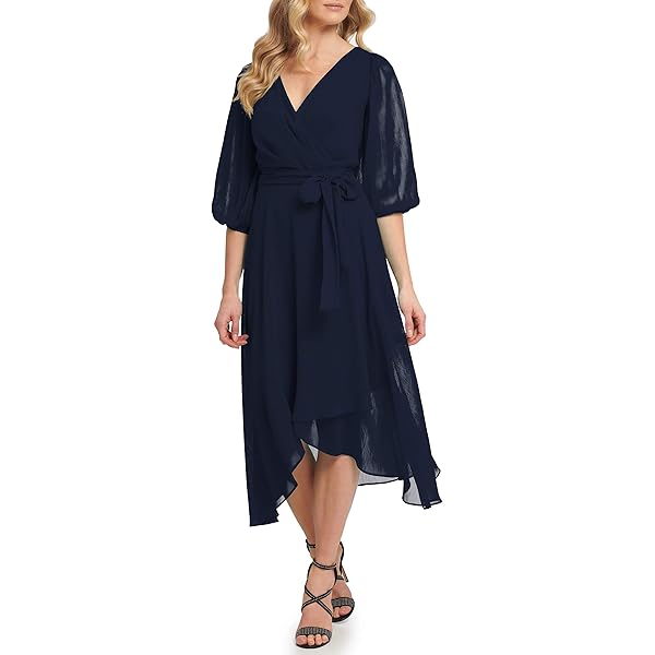 knee length dresses for ladies DKNY Women's Chiffon Balloon Sleeve V-Neck Midi Party Dress Color Rais –  DDT Boutique main image 1