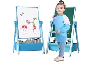 YOZOIA Art Easel for Kids, Double Sided Kids Easel Drawing Board, Whiteboard & Chalkboard for Kids, 360°Rotating Adjustable Kids Easel Art Set, Standing Erasable Easel Board, Easel for Classroom (Blue)