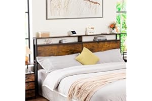 LOAKEKEL King Size Headboard, King Headboard Only with Charging Station, Adjustable Height, Wood Platform Bed Headboard with 2 Tier Storage Shelf, Rustic Brown HB092BR