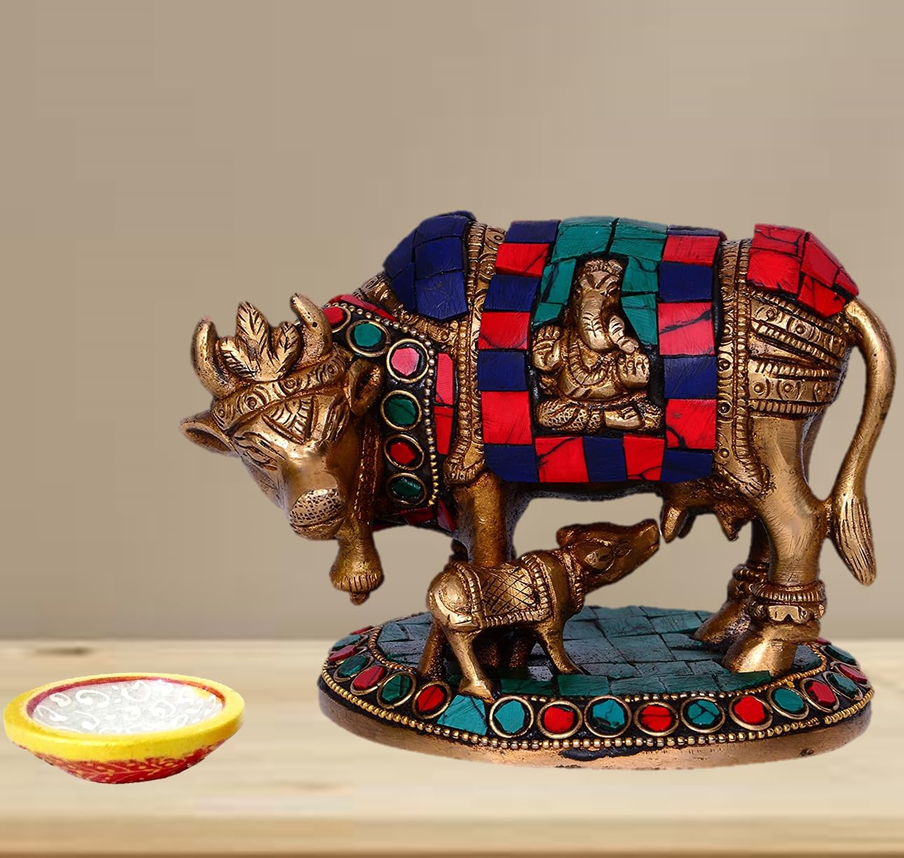 Purpledip Brass Idol Kamdhenu Cow With Calf: Collectible Statue With Gemstone Overlay (10448)