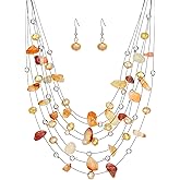 Multi-Layer Boho Shell Beaded Necklace for Women Colorful Crystal Strand with Silver Beads Statement Collars Necklace and Earrings Costumes Jewelry Sets for Women
