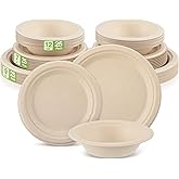 Havawish 75 Pcs Compostable Paper Plates and Bowls Set 7 Inch 9 Inch Disposable Plate 12oz Biodegradable Bowls for 25 Guests Party Dinner Party Supplies Bulk
